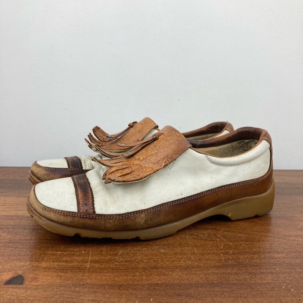 Walter Genuin Vintage Linea Golf Shoes Women’s Size 7 White Brown Kiltie Fringe.